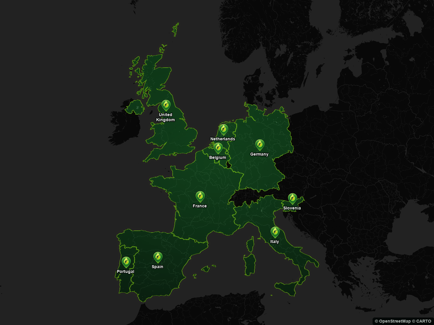 Dark map style showing FuelMap European fuel coverage
